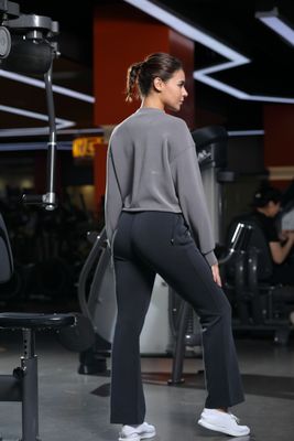 Vrouwen hoge flare broek met zakken squat proof telefoon vriendelijk ontwerp